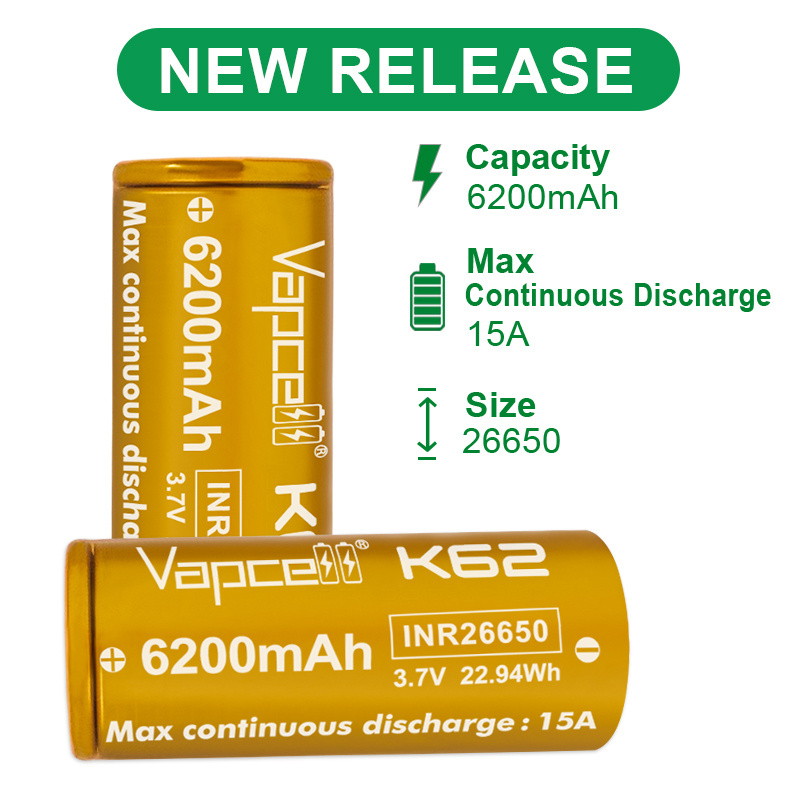 Vapcell k62 26650 6200mah 15A 3.7v 22.94Wh li lon high capacity for flashlight rechargeable batteries