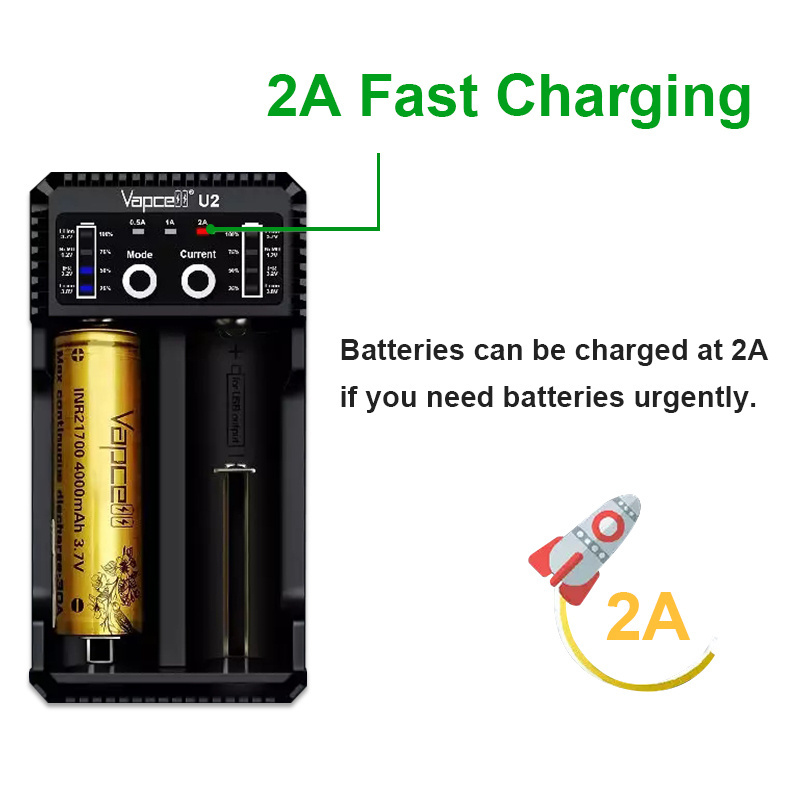 Universel vapcell U2 USB Charger 2 slot bay charging for 18650 21700 li ion pcb and button top battery