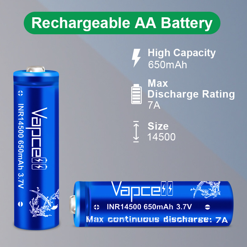 Factory Price Vapcell INR14500 650mah 7A button top 3.6v Rechargeable 14500 li ion battery Battery for flashlight