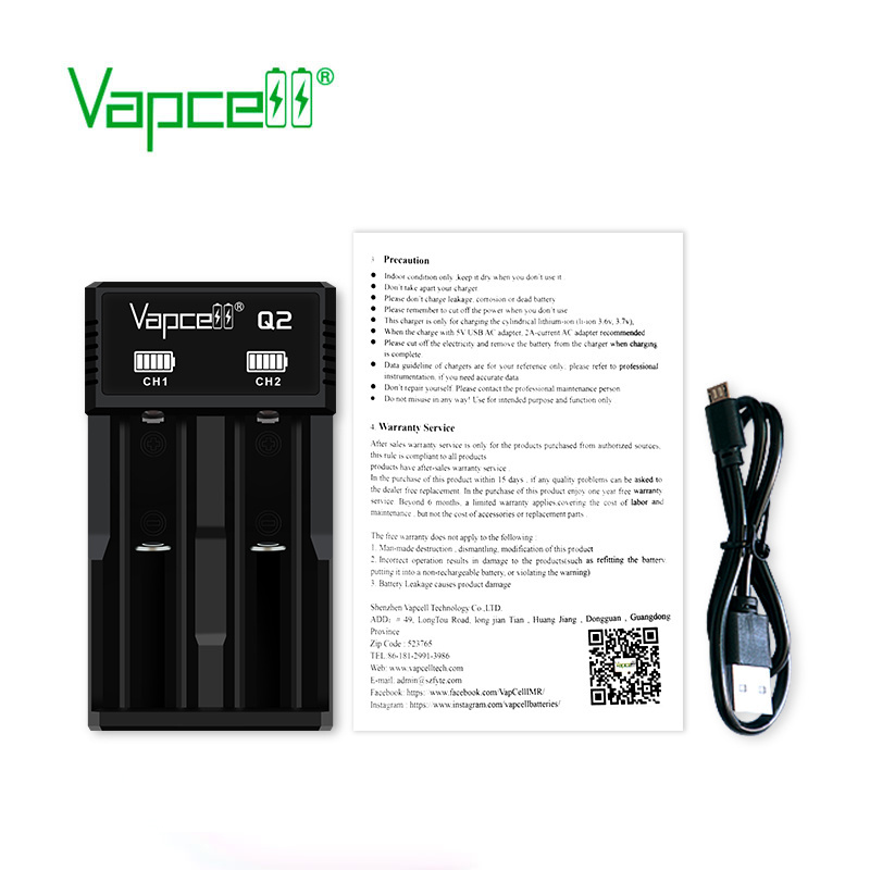 Vapcell Q2 18650 Charger 1A 2 Slots 3.7V input 5v 2a USB Charger Flashlights Li-ion Rechargeable Battery charger