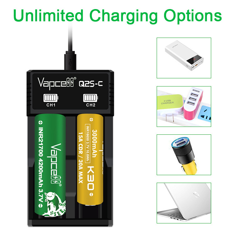 Wholesale Vapcell Q2 charger Upgraded version Q2S 1A 2 Slots 3.7V input 5v 2a USB Charger for 21700  Li-ion Rechargeable Battery