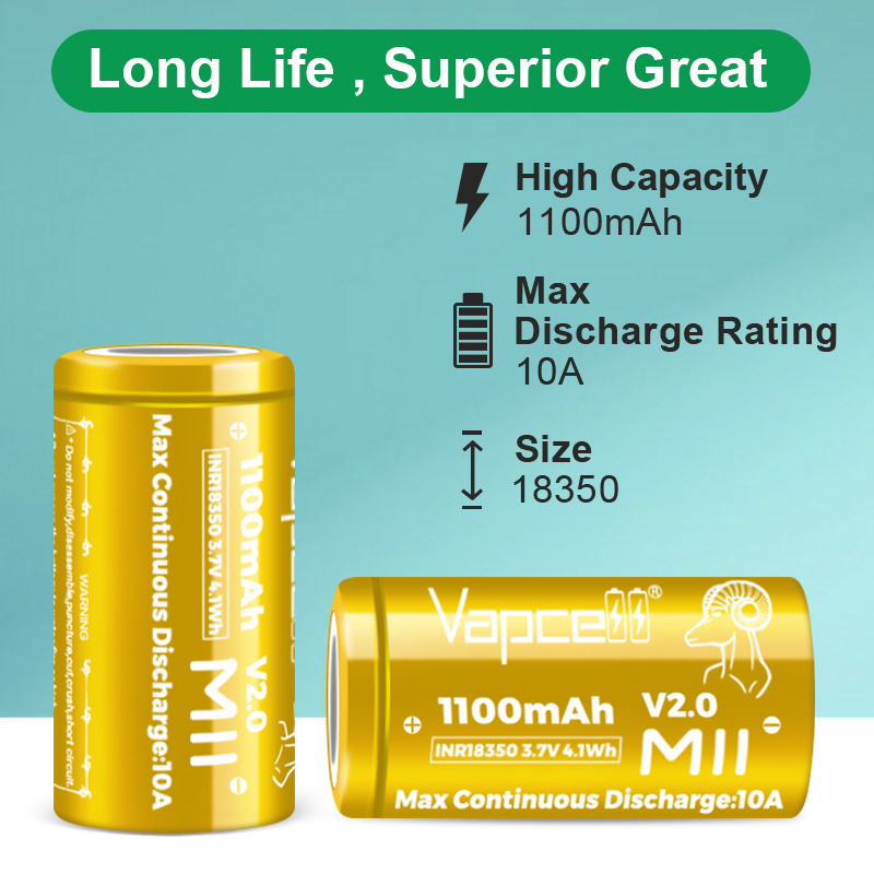 10A 18350 1100mAH Vapcell M11 Rechargeable Li ion Battery 3.7v Cylinder Lithium ion Battery for flashlight battery pack