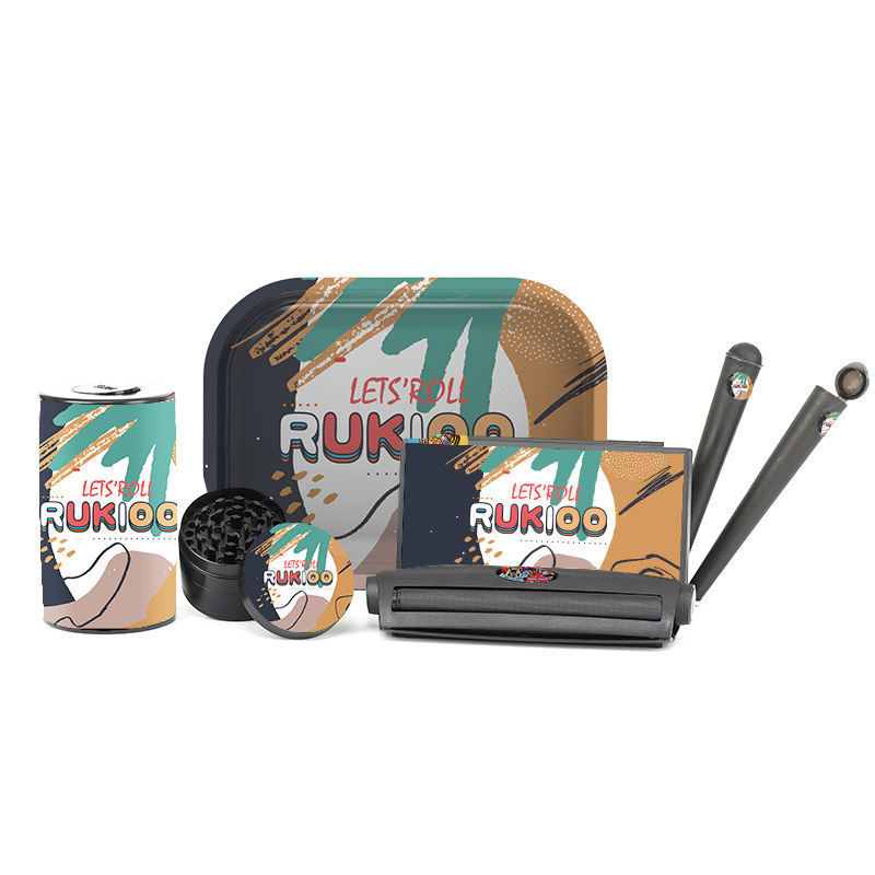 New Design Custom Logo Smoking Accessories Multifunction 6 In 1 Tobacco Grinder Rolling Tray Grinder Jar Smoking Set