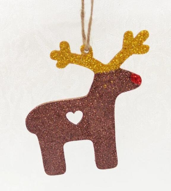 Wooden Reindeer Woodland Animal Christmas Tree Hanging Decoration with Glitter