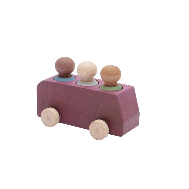 Wooden Pull Toy Car with Trailer Featuring Peg Doll Driver and Passengers