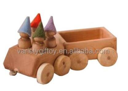 Wooden Pull Toy Car with Trailer Featuring Peg Doll Driver and Passengers