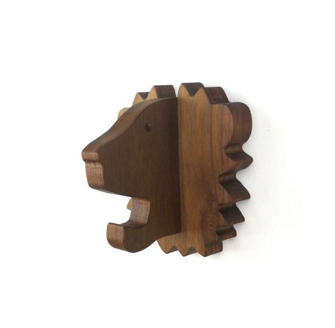 Wooden Lion wall hook in walnut playful wooden wall hanger for coats, bags, hats, & backpacks afari nursery lion gift