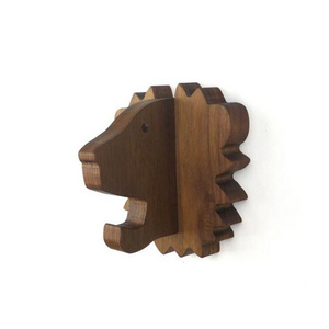 Wooden Lion wall hook in walnut playful wooden wall hanger for coats, bags, hats, & backpacks afari nursery lion gift