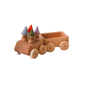 Wooden Pull Toy Car with Trailer Featuring Peg Doll Driver and Passengers