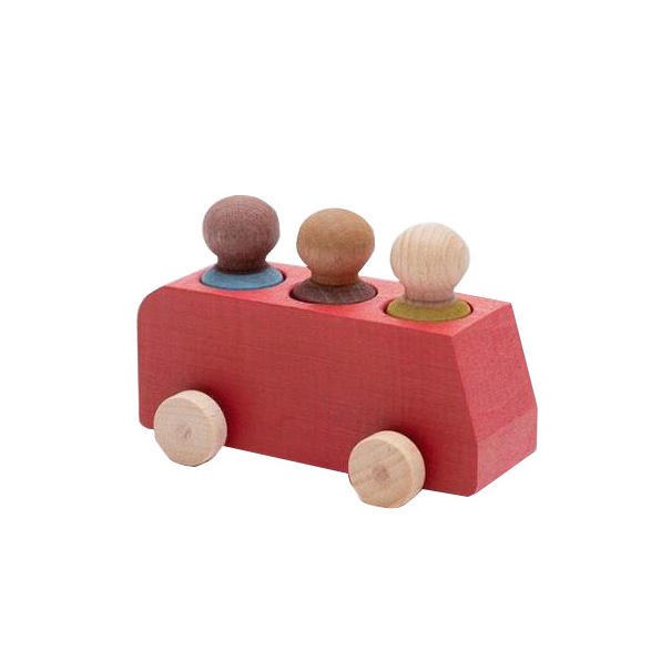 Wooden Pull Toy Car with Trailer Featuring Peg Doll Driver and Passengers