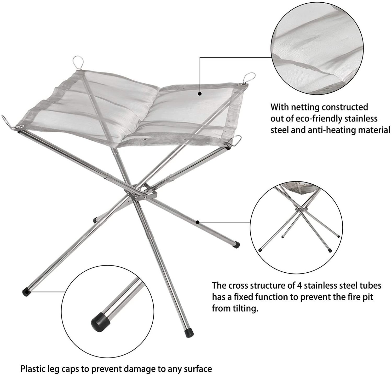 Portable Fire Pit Stainless Steel Mesh Fireplace Camping Outdoor Folding Campfire Stand