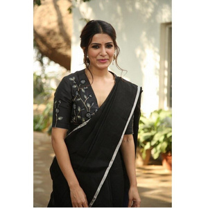 Samantha Akkineni Party Wear Black Color Plain Georgette Saree With Heavy Taffeta Silk Fancy Thread Work Blouse For Women