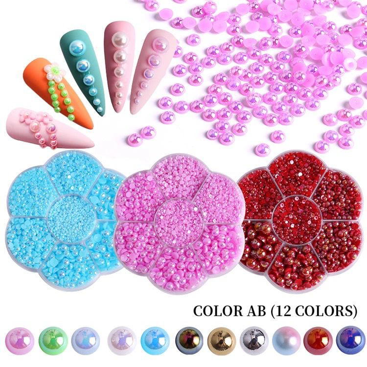 Wholesale 7size Crystal AB Rhinestone Nail Art Pearls Half Round Assorted Mixed Sizes Rhinestone Jewelry nail decoration