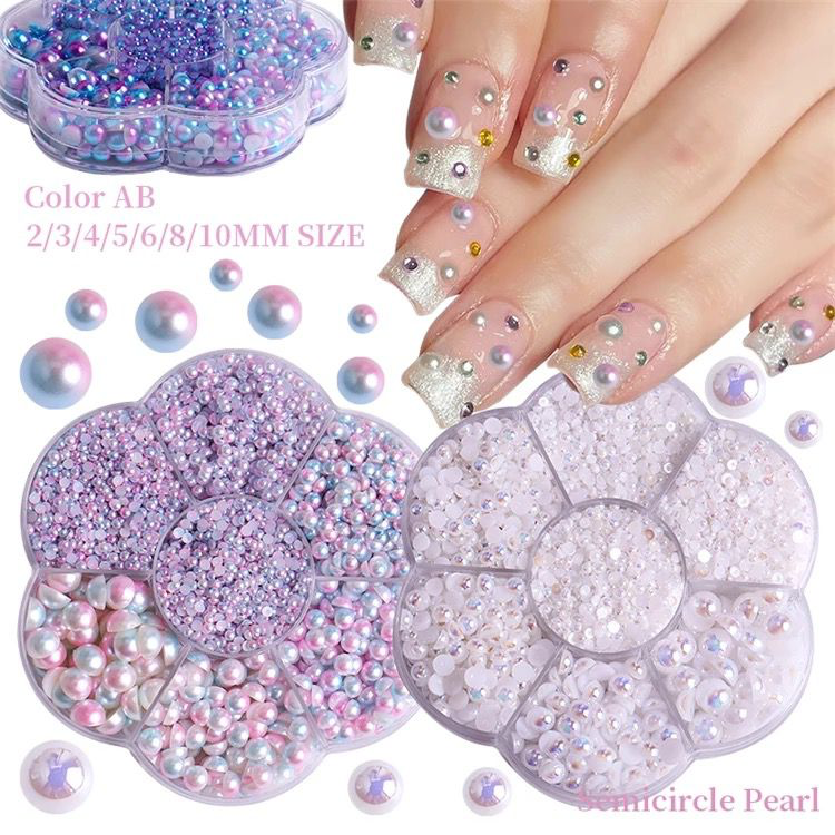 Wholesale 7size Crystal AB Rhinestone Nail Art Pearls Half Round Assorted Mixed Sizes Rhinestone Jewelry nail decoration