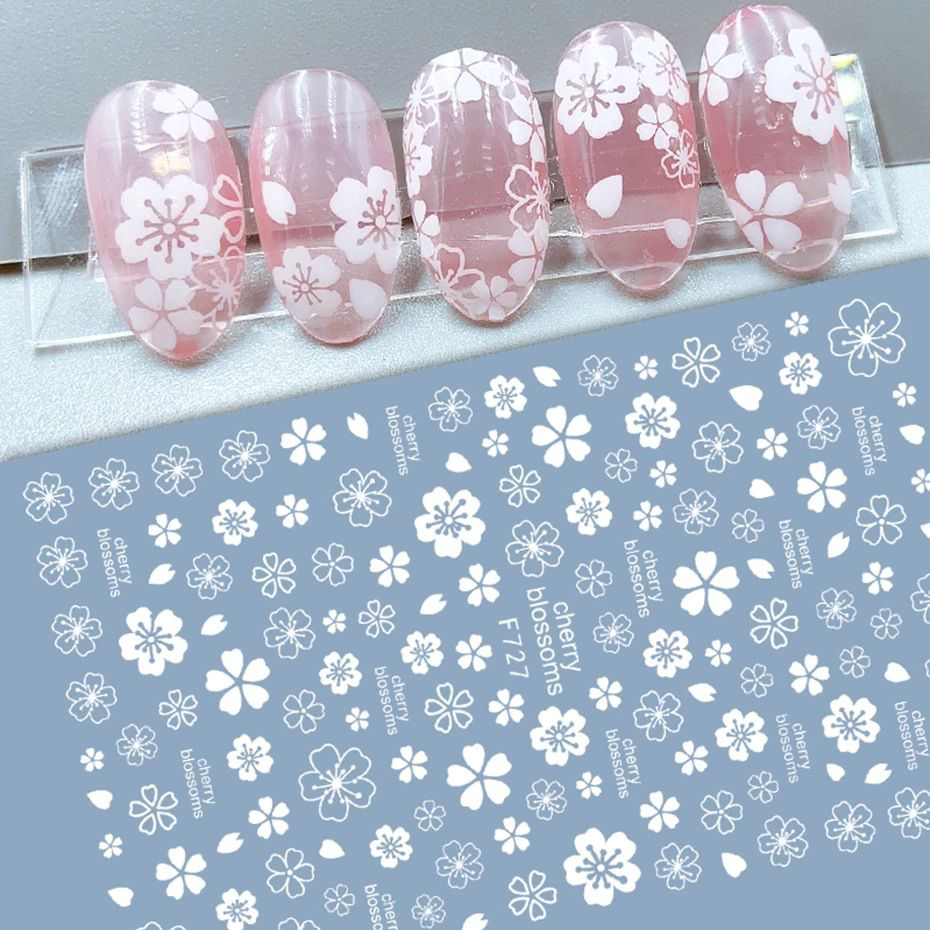 1pcs White Cherry Blossoms Stickers on Nails 3D Flower Leaf Letter Adhesive Decals DIY Manicure Nail Art Decorations