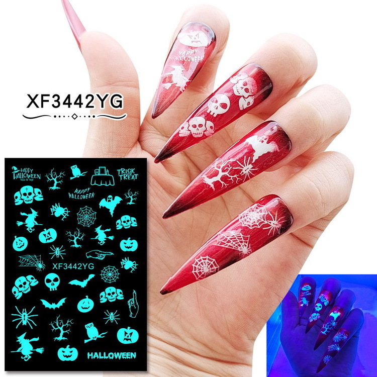 Halloween Nail Stickers 3D Luminous Self Adhesive Nail Art Decals Skull Ghost Pumpkin Spider Bat Nail Art Decoration Sticker