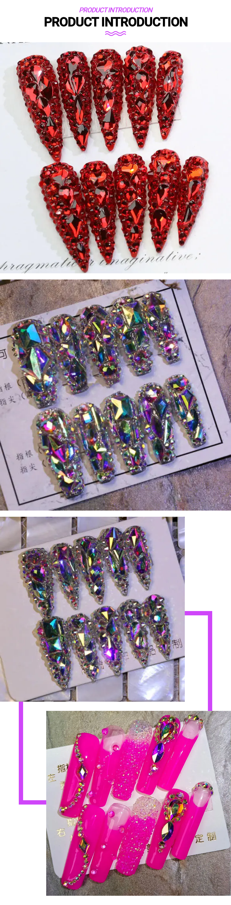 Hot Wholesale Handmade Press On Nails Custom Logo Red Acrylic Press On Nails Bling Rhinestone Medium Length