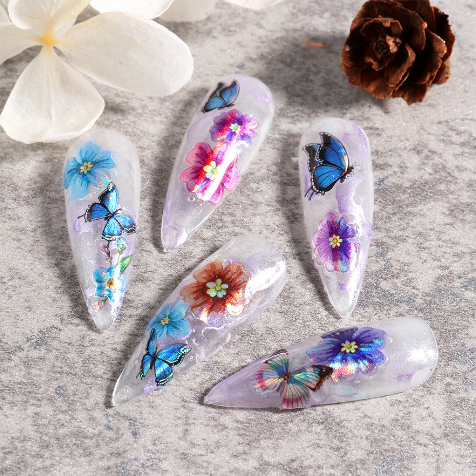 holographic butterflies nails art manicure stickers blue black decals spring theme flowers nail decoration manicure