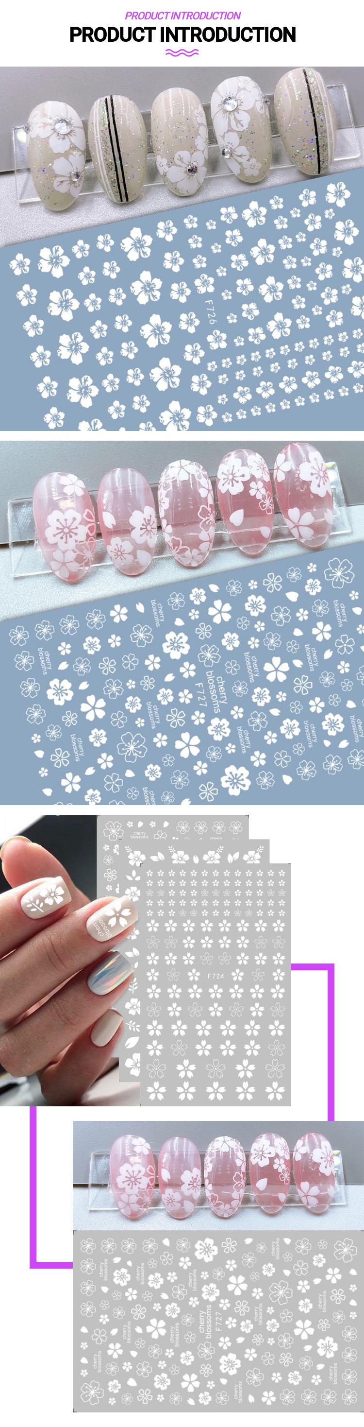 1pcs White Cherry Blossoms Stickers on Nails 3D Flower Leaf Letter Adhesive Decals DIY Manicure Nail Art Decorations