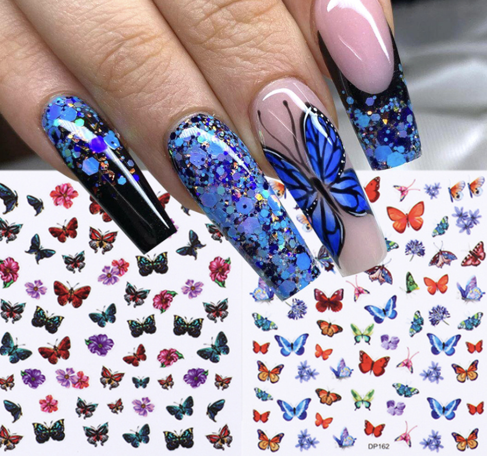 holographic butterflies nails art manicure stickers blue black decals spring theme flowers nail decoration manicure