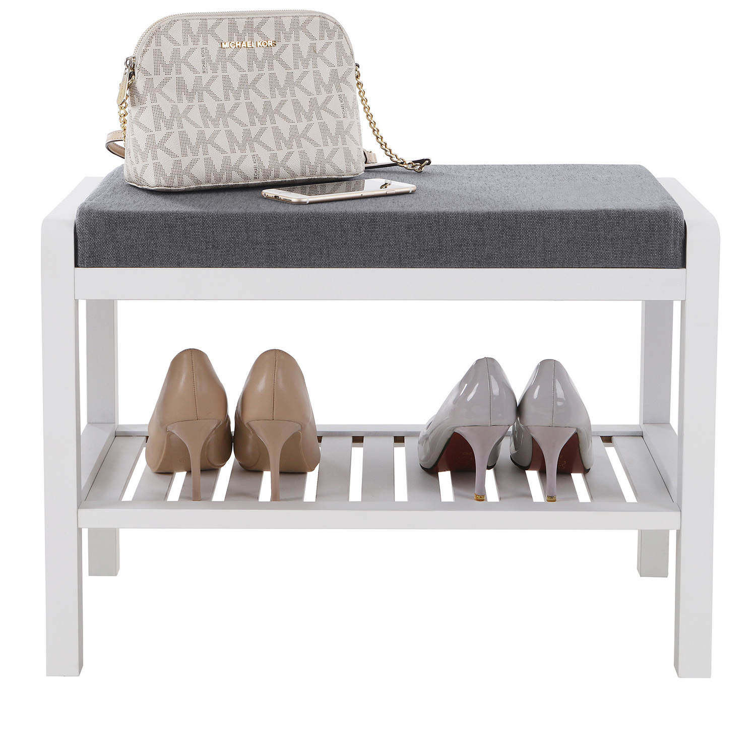 SONGMICS White Shoe Rack Bench With Cushion Upholstered  3 Tier Bamboo shoe storage bench For Entryway