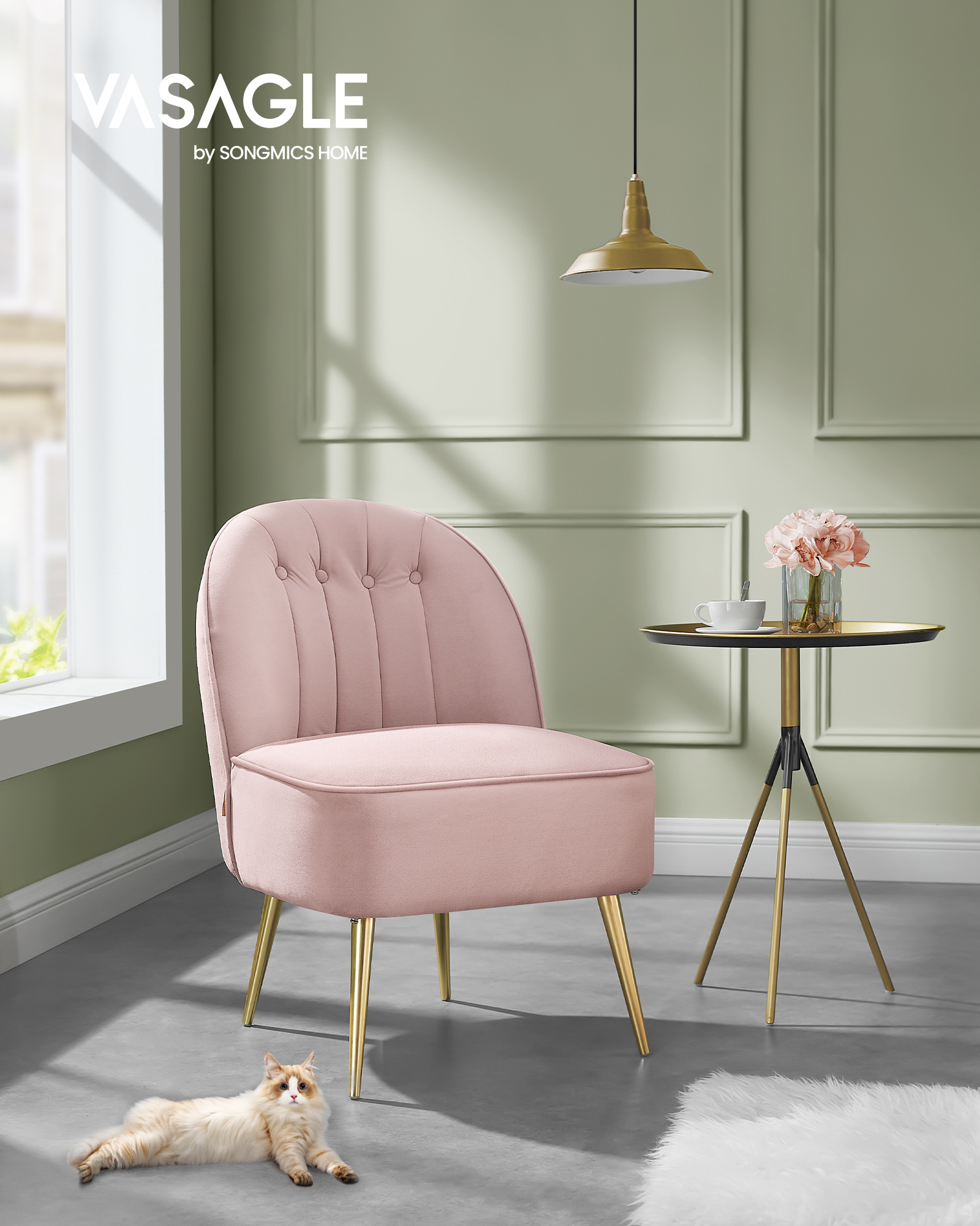 VASAGLE modern pink single sofa chair Velvet Vanity Chair with Metal Legs bedroom accent chair