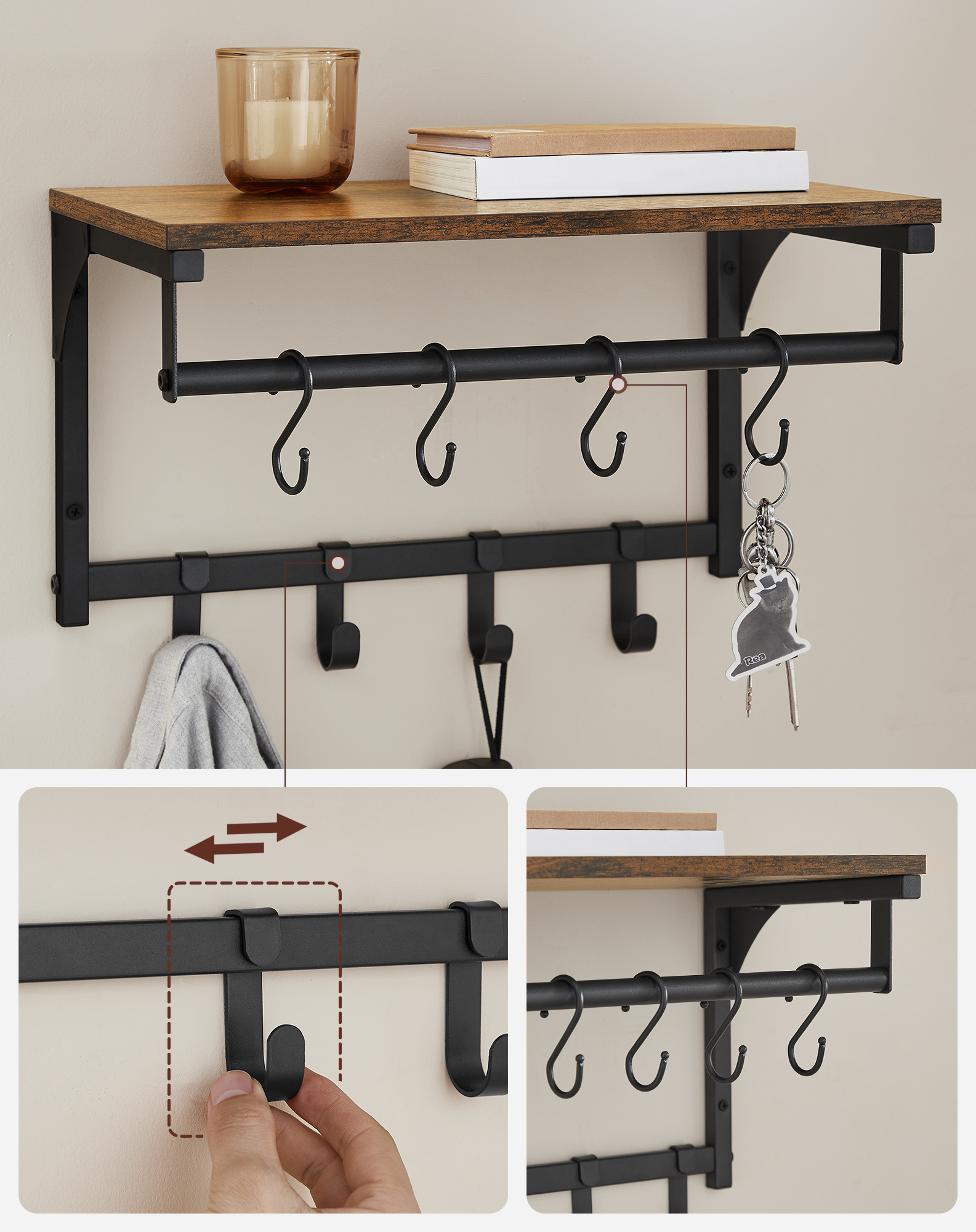 VASAGLE European Wall Shelf clothing Hanger with Movable Hooks Household Wall Mounted Coat Rack for Living-Room Kitchen