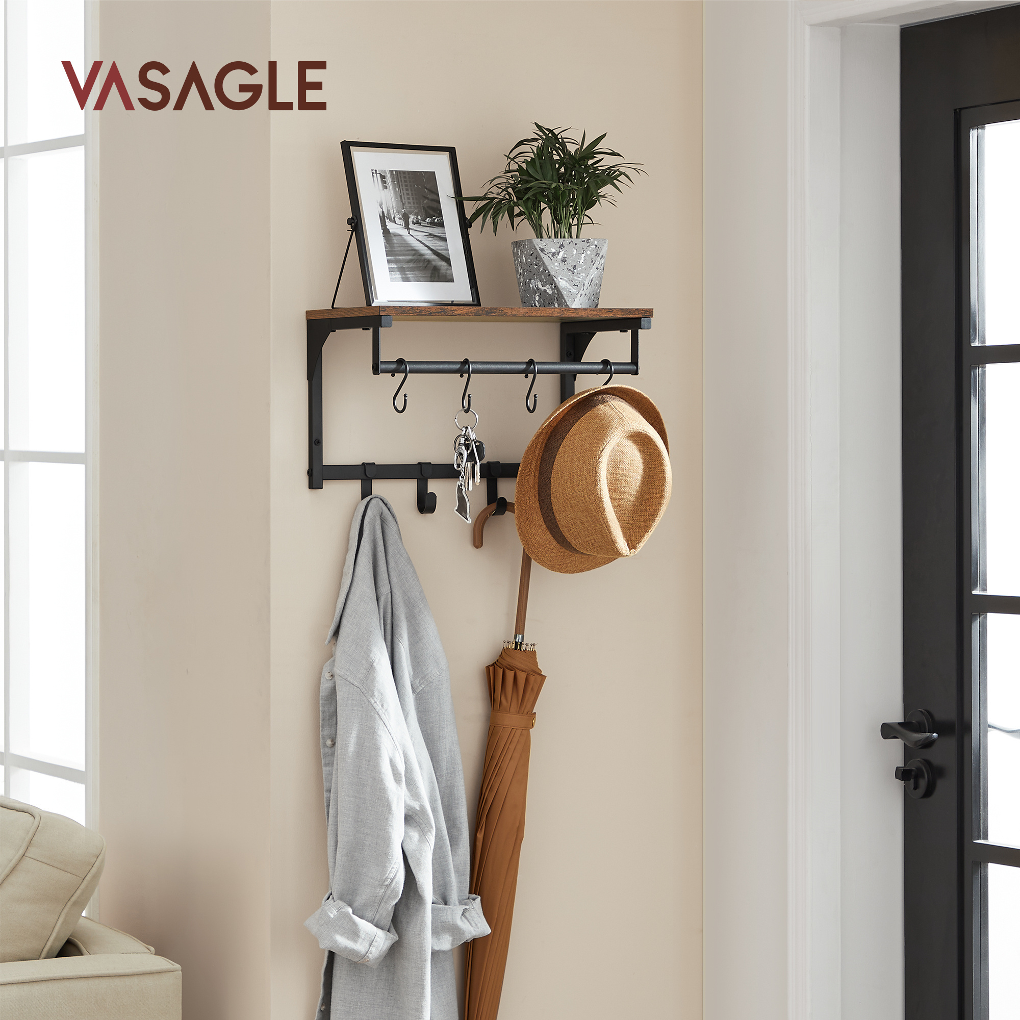 VASAGLE European Wall Shelf clothing Hanger with Movable Hooks Household Wall Mounted Coat Rack for Living-Room Kitchen