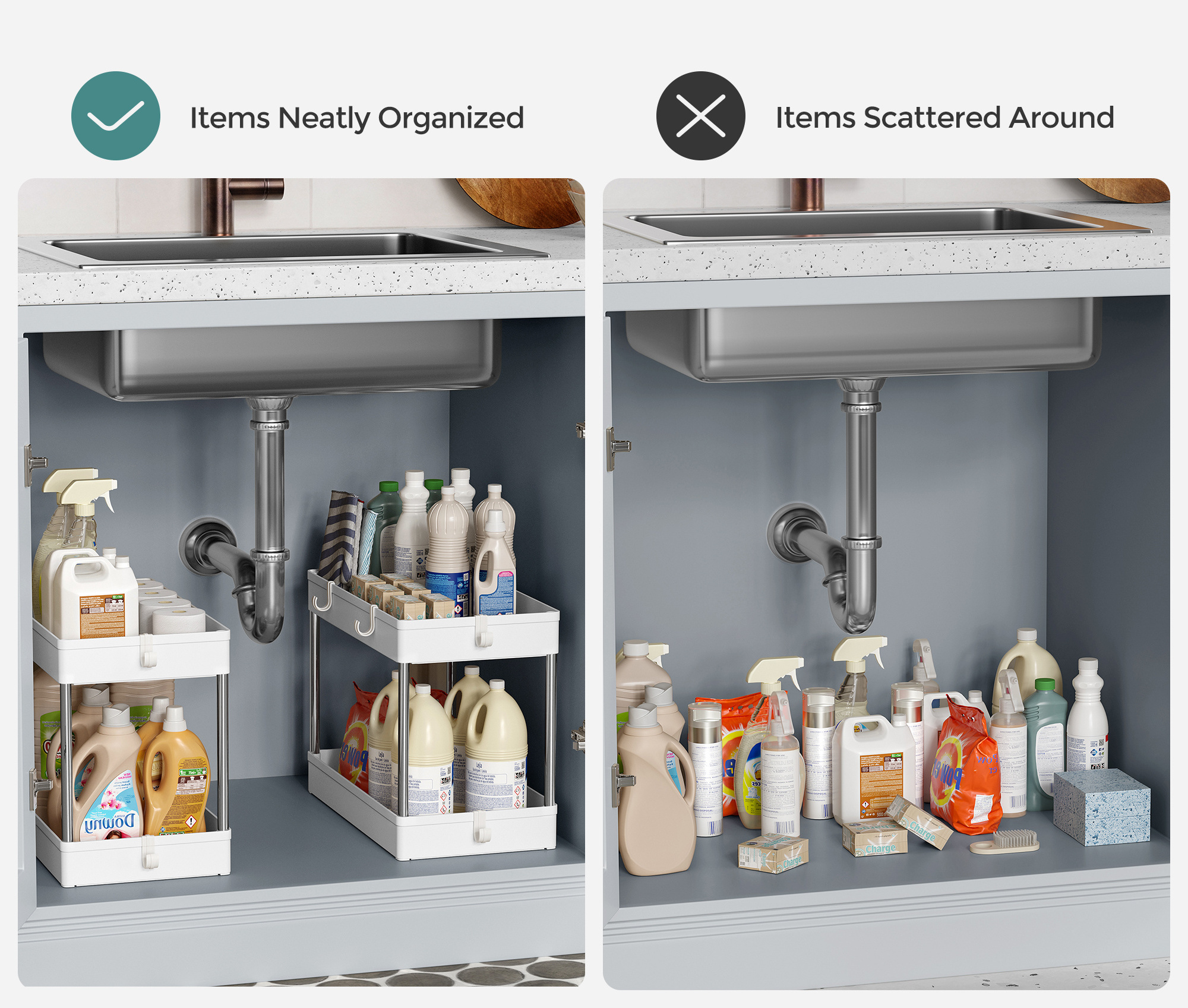 SONGMICS 2 tier plastic multifunctional cabinet Holder Rack with hooks Under Sink Shelf Organizer for Bathroom Kitchen