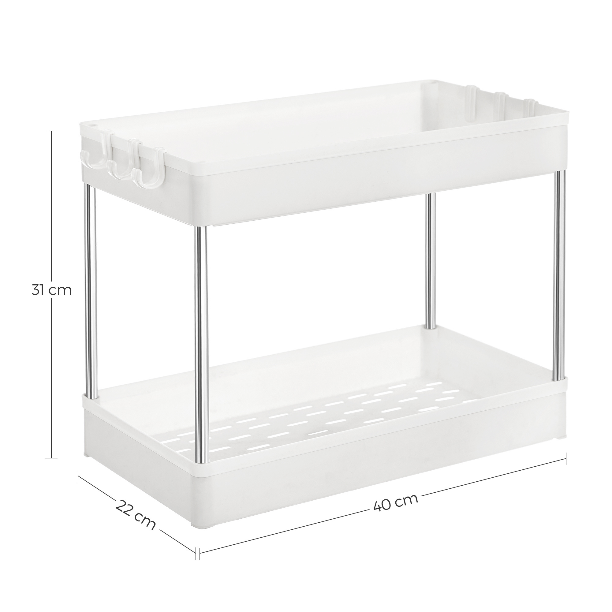 SONGMICS 2 tier plastic multifunctional cabinet Holder Rack with hooks Under Sink Shelf Organizer for Bathroom Kitchen