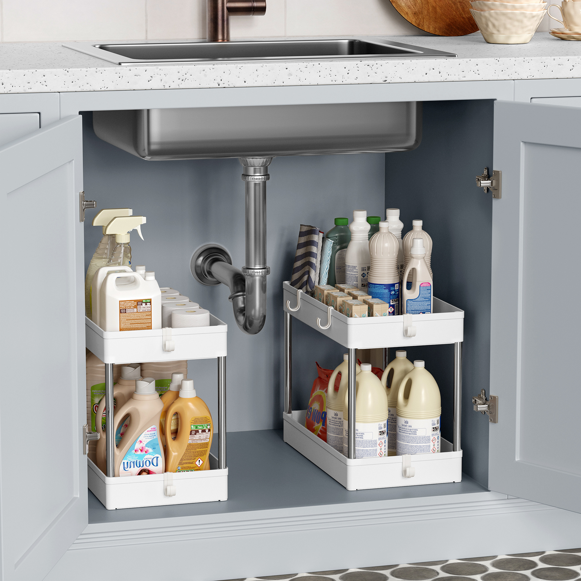 SONGMICS 2 tier plastic multifunctional cabinet Holder Rack with hooks Under Sink Shelf Organizer for Bathroom Kitchen