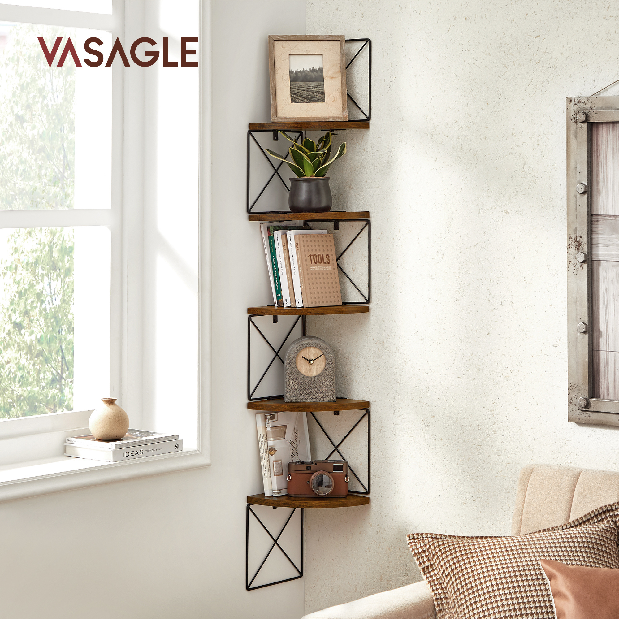 VASAGLE 5 Tier Corner Shelf Wall Mount Zig Zag Storage Rack Rustic Wood Floating Shelves Wall Shelves for home storage