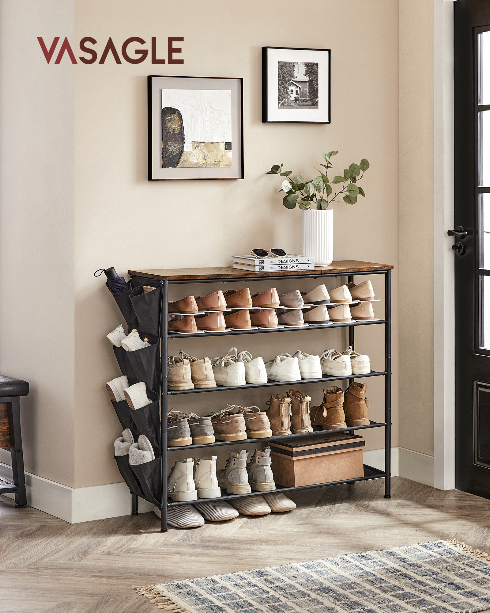 VASAGLE shoes stand display racks wooden big organizer storage space saver vertical shoes rack shelf with storage bag