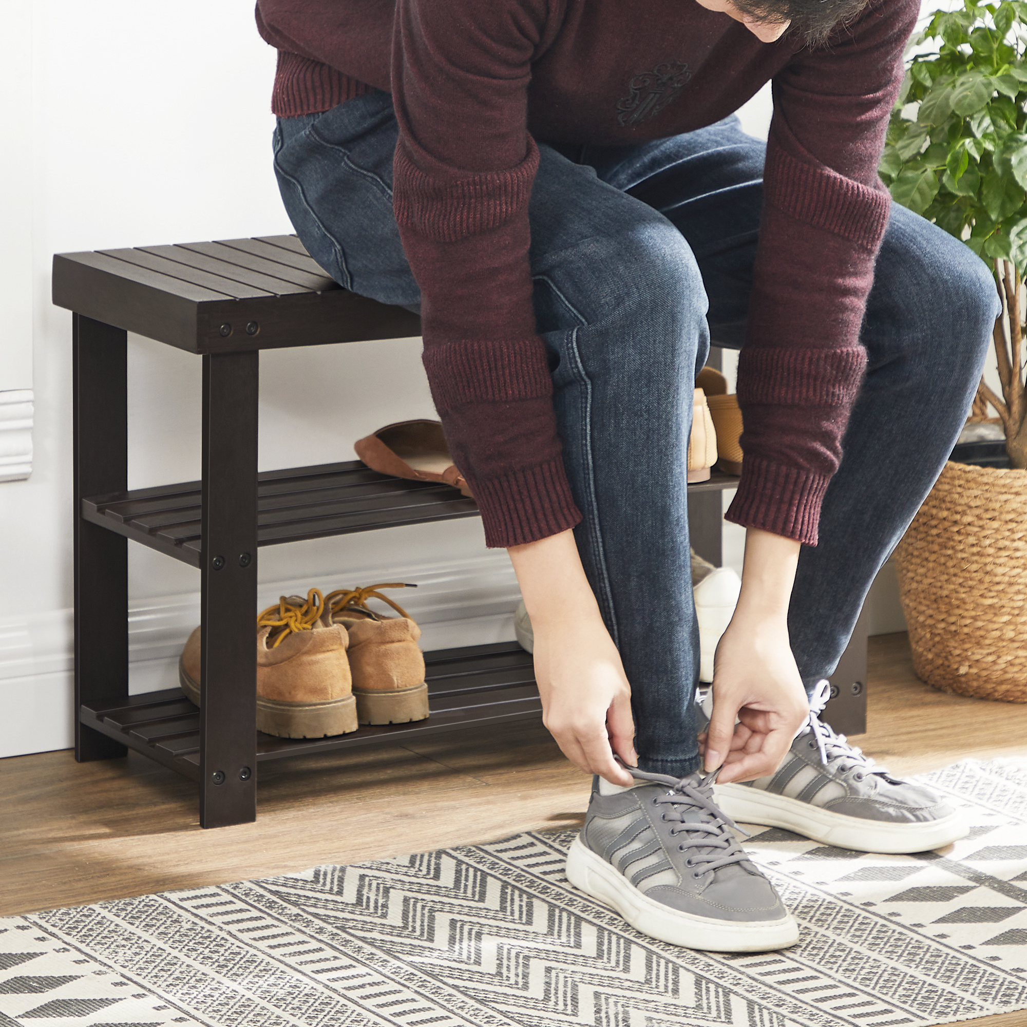 SONGMICS easy Assembly shoe display stand bench Storage Organizer 3-tier stable bamboo Shoe Rack