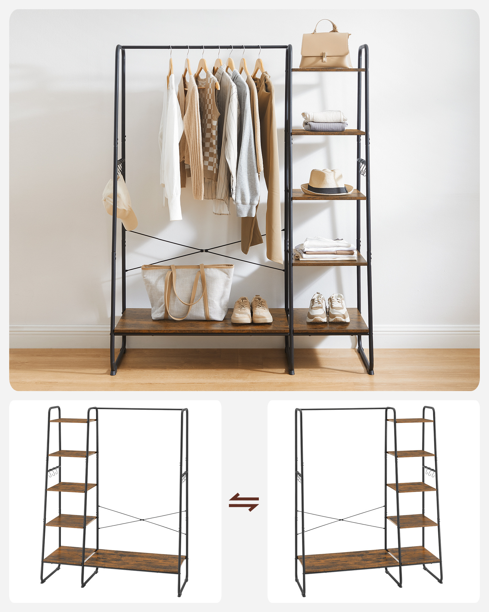 VASAGLE Industrial organizador de closet metal wood wardrobe clothes organizer with 5 Storage Shelves