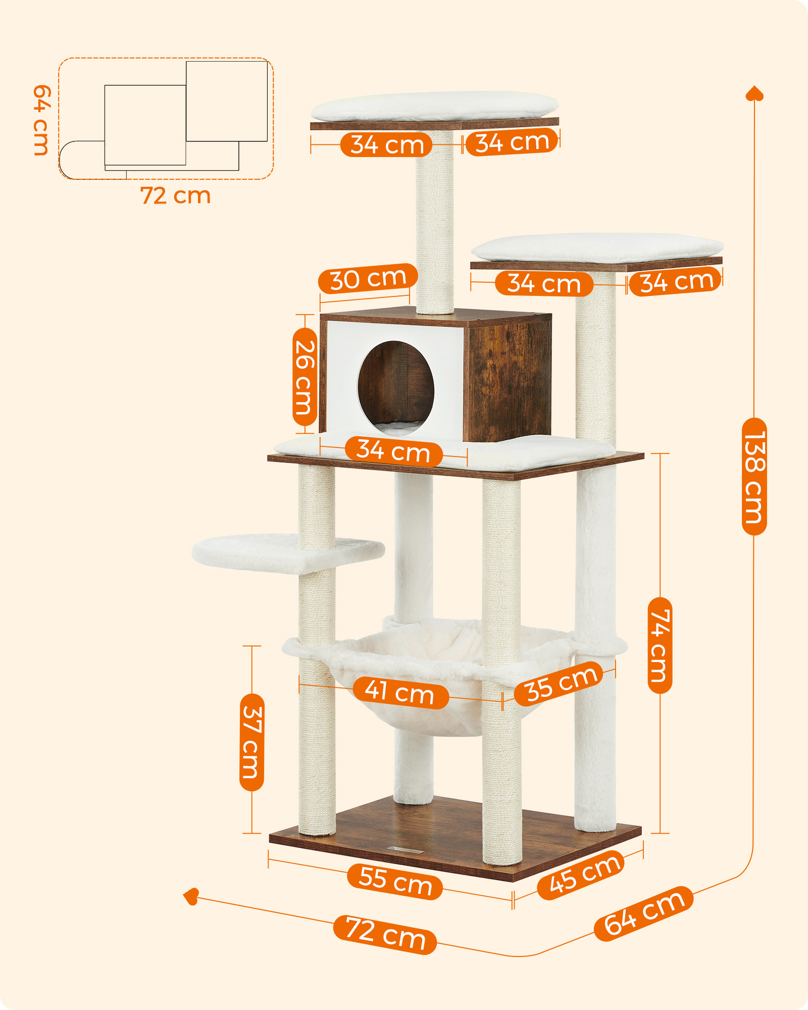 Feandrea Multi-Level Pet Climbing Scratcher Cat Tower Wood Cat Tree With Sisal Scratching Posts Perches Houses Hammock