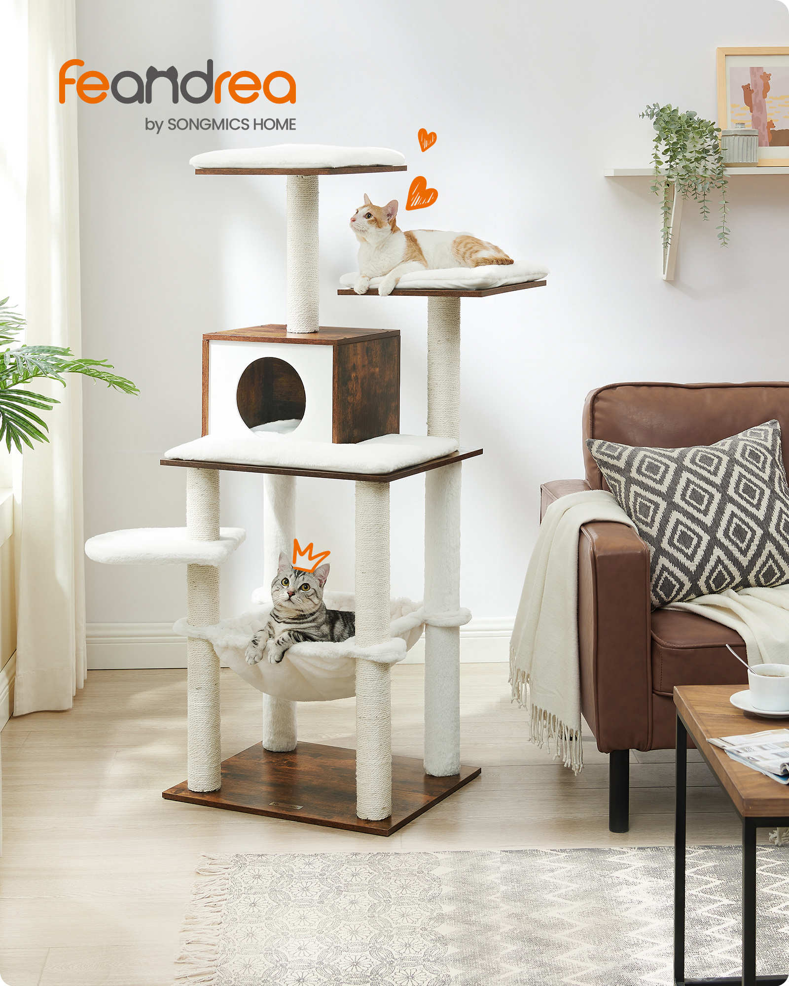 Feandrea Multi-Level Pet Climbing Scratcher Cat Tower Wood Cat Tree With Sisal Scratching Posts Perches Houses Hammock