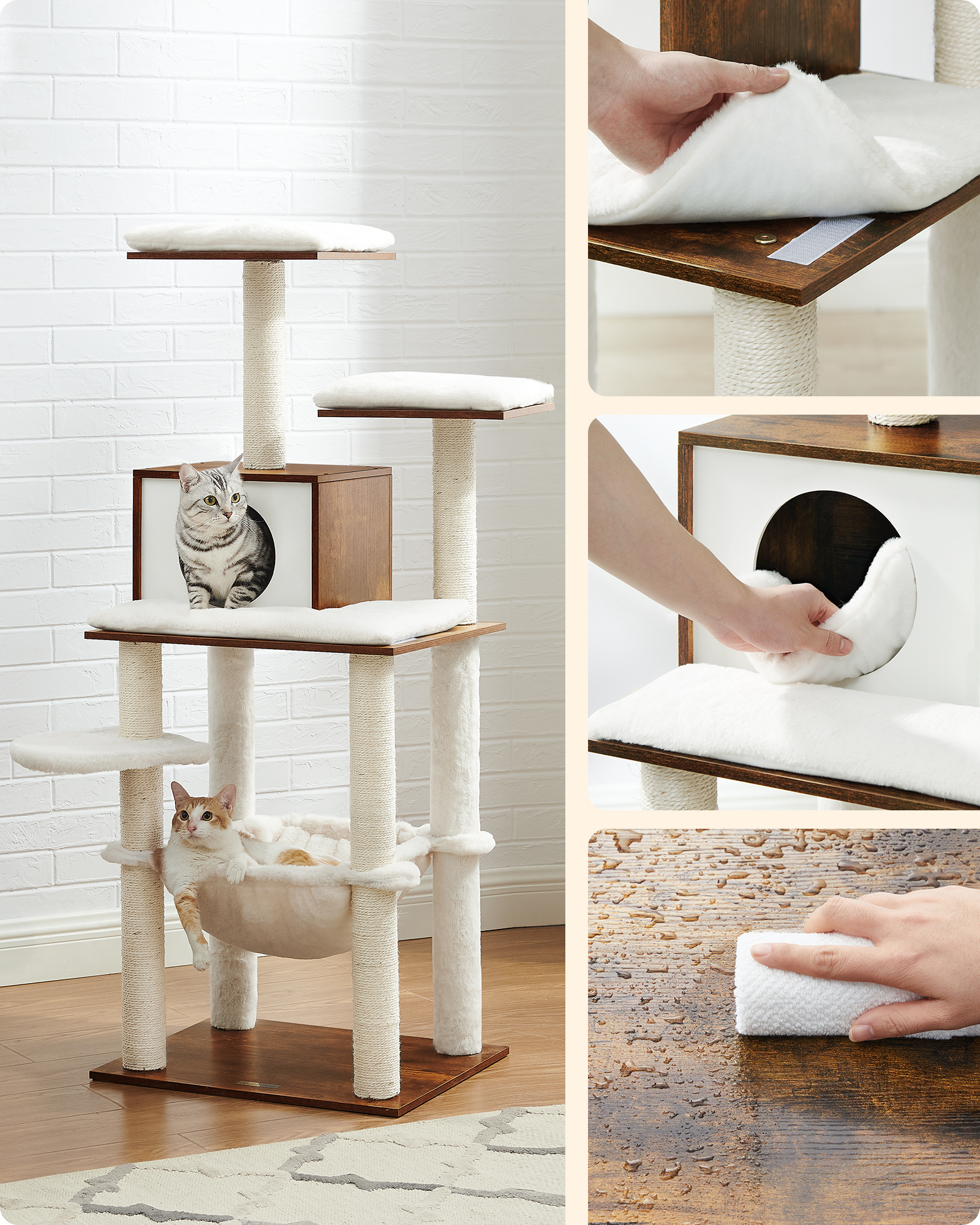 Feandrea Multi-Level Pet Climbing Scratcher Cat Tower Wood Cat Tree With Sisal Scratching Posts Perches Houses Hammock