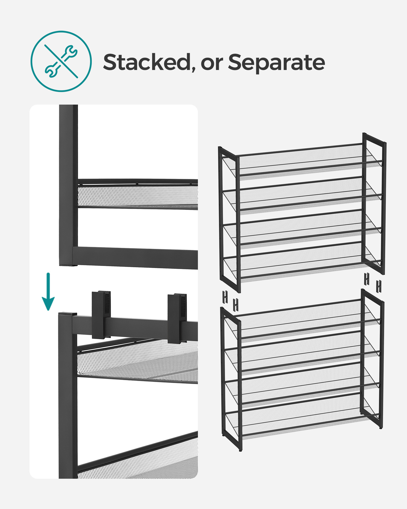 SONGMICS Holds 32-40 Pairs Stackable Shoe Shelf with Adjustable Flat or Angled Shelves 8-Tier Metal Shoe Organizer