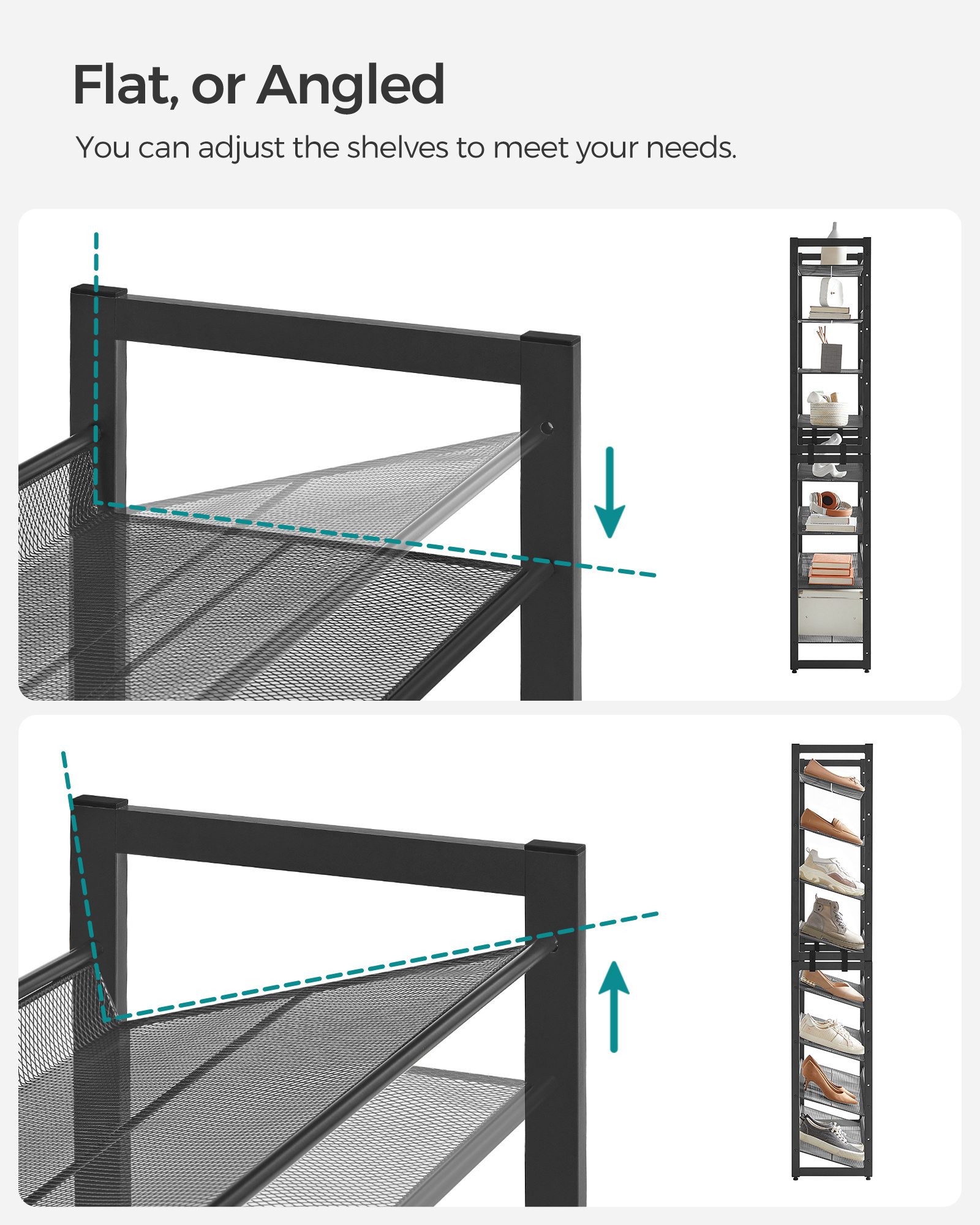 SONGMICS Holds 32-40 Pairs Stackable Shoe Shelf with Adjustable Flat or Angled Shelves 8-Tier Metal Shoe Organizer