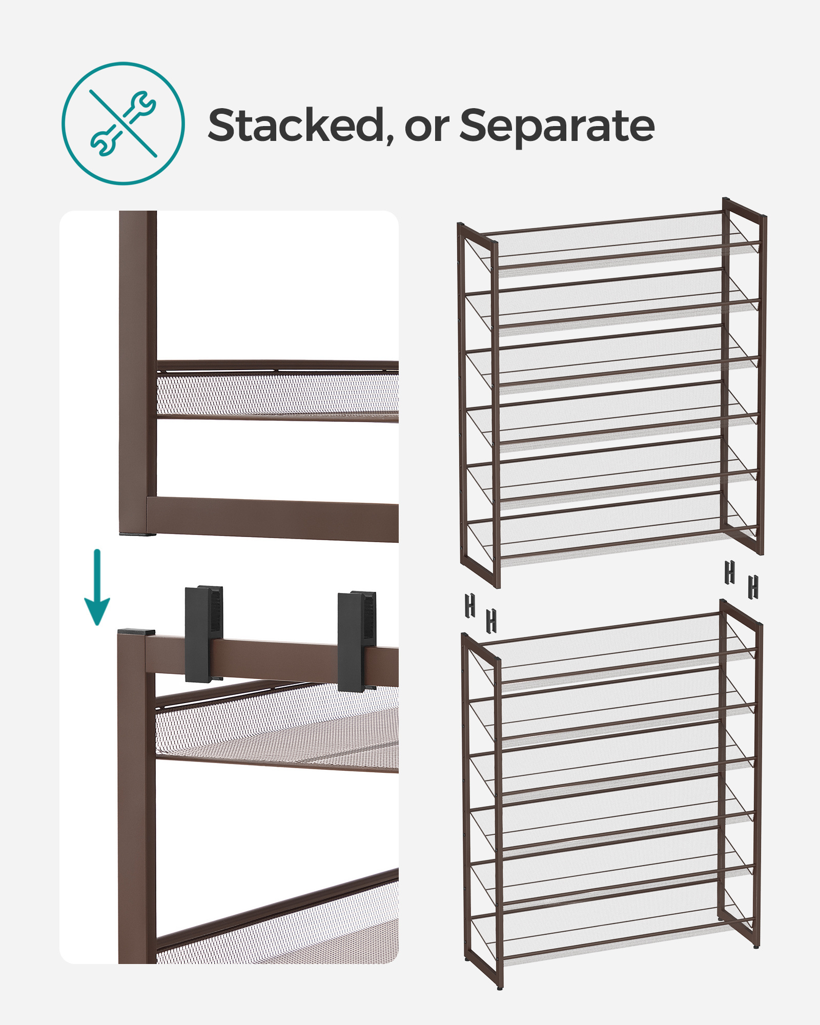 SONGMICS Metal Mesh Shoe Shelf Storage Stackable 6-Tier Shoe Organizers 12-Tier Shoe Rack