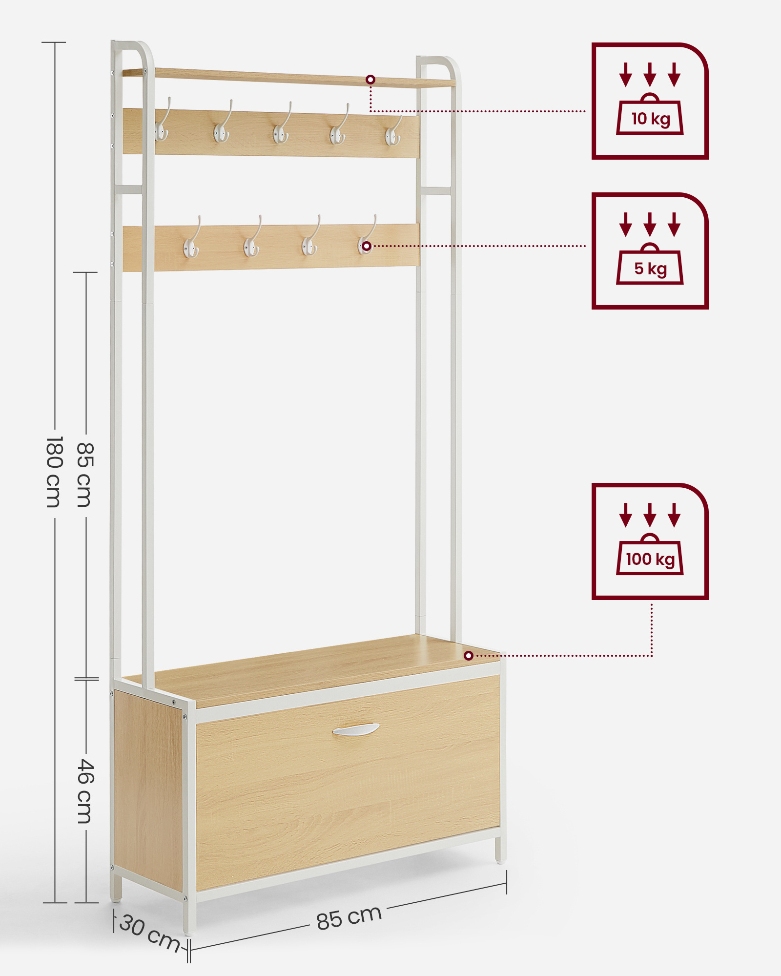 VASAGLE Free-Standing Metal Wooden Closet Rack Entryway Coat Rack with Bench and Shoe Storage