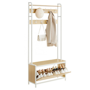 VASAGLE Free-Standing Metal Wooden Closet Rack Entryway Coat Rack with Bench and Shoe Storage