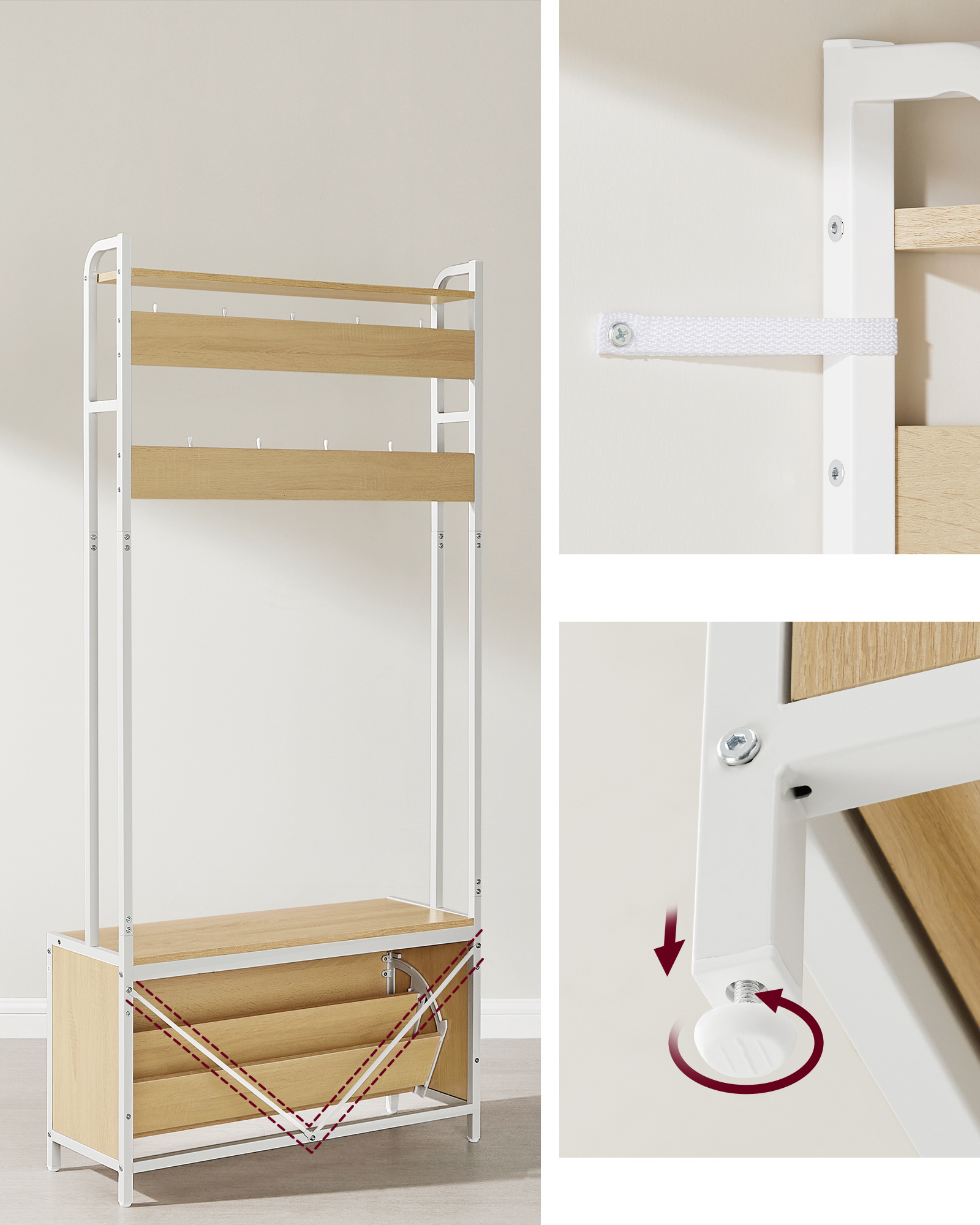 VASAGLE Free-Standing Metal Wooden Closet Rack Entryway Coat Rack with Bench and Shoe Storage