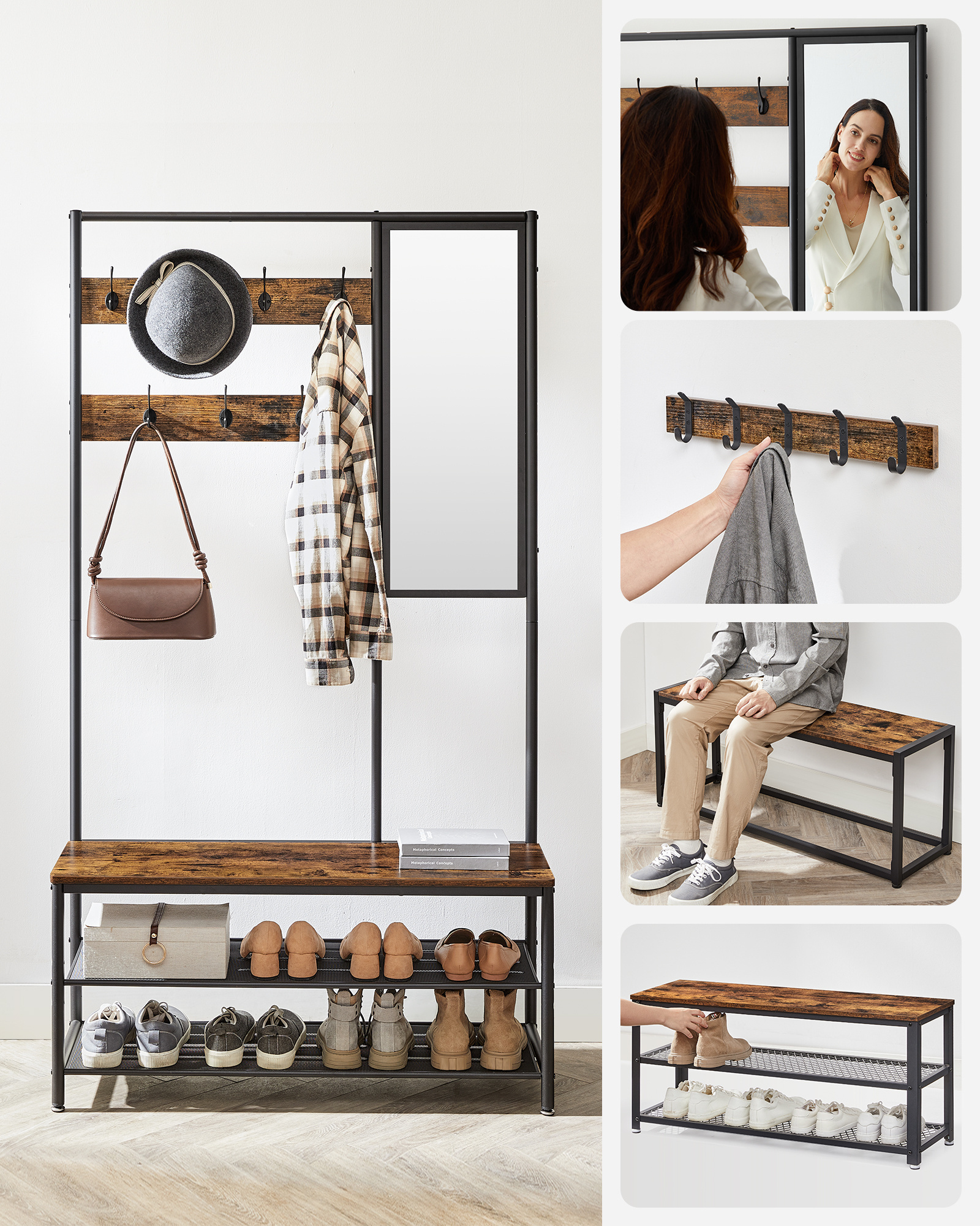 VASAGLE Living room Entryway clothes stands & shoe racks coat rack with hooks mirror bench