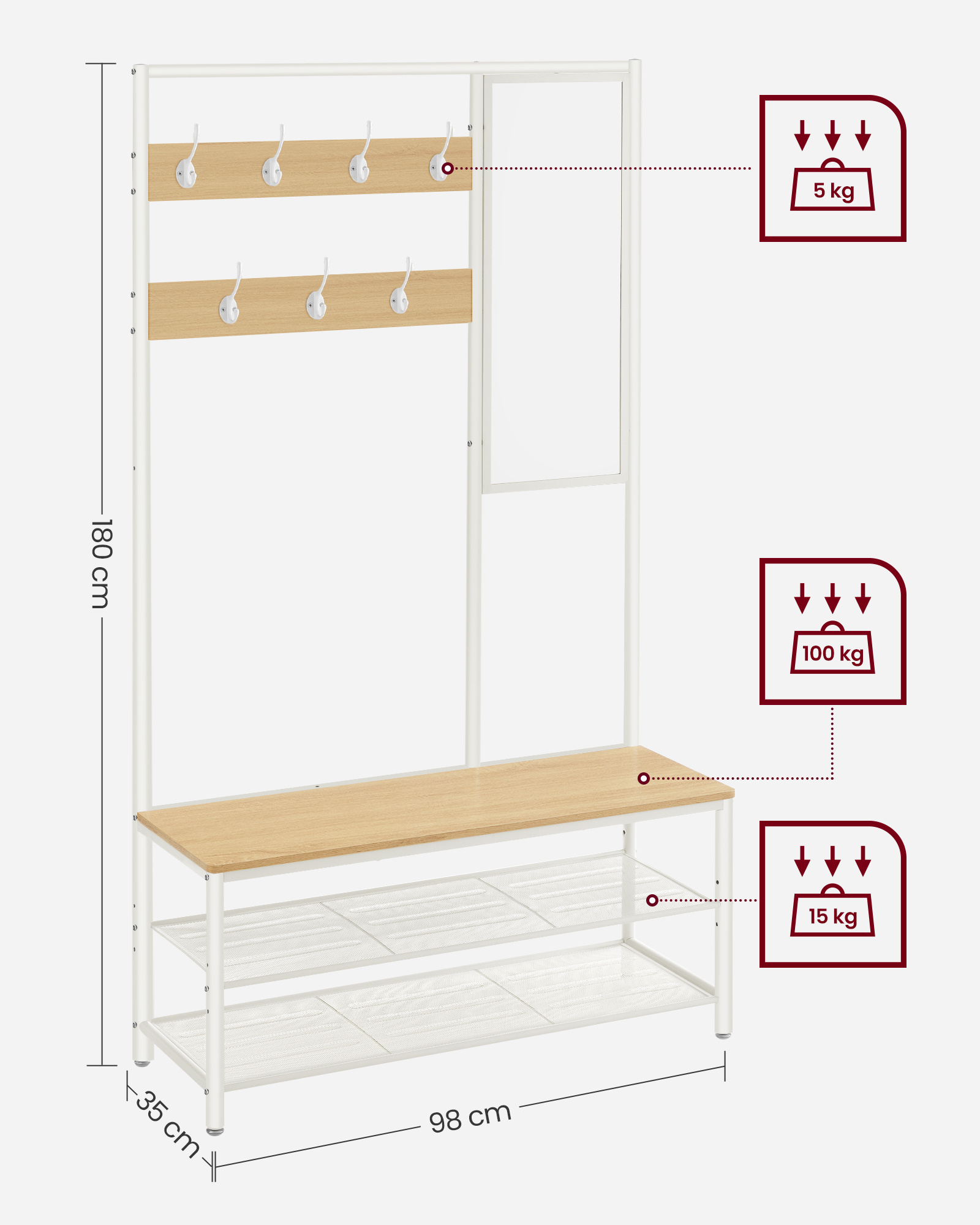 VASAGLE Living room Entryway clothes stands & shoe racks coat rack with hooks mirror bench