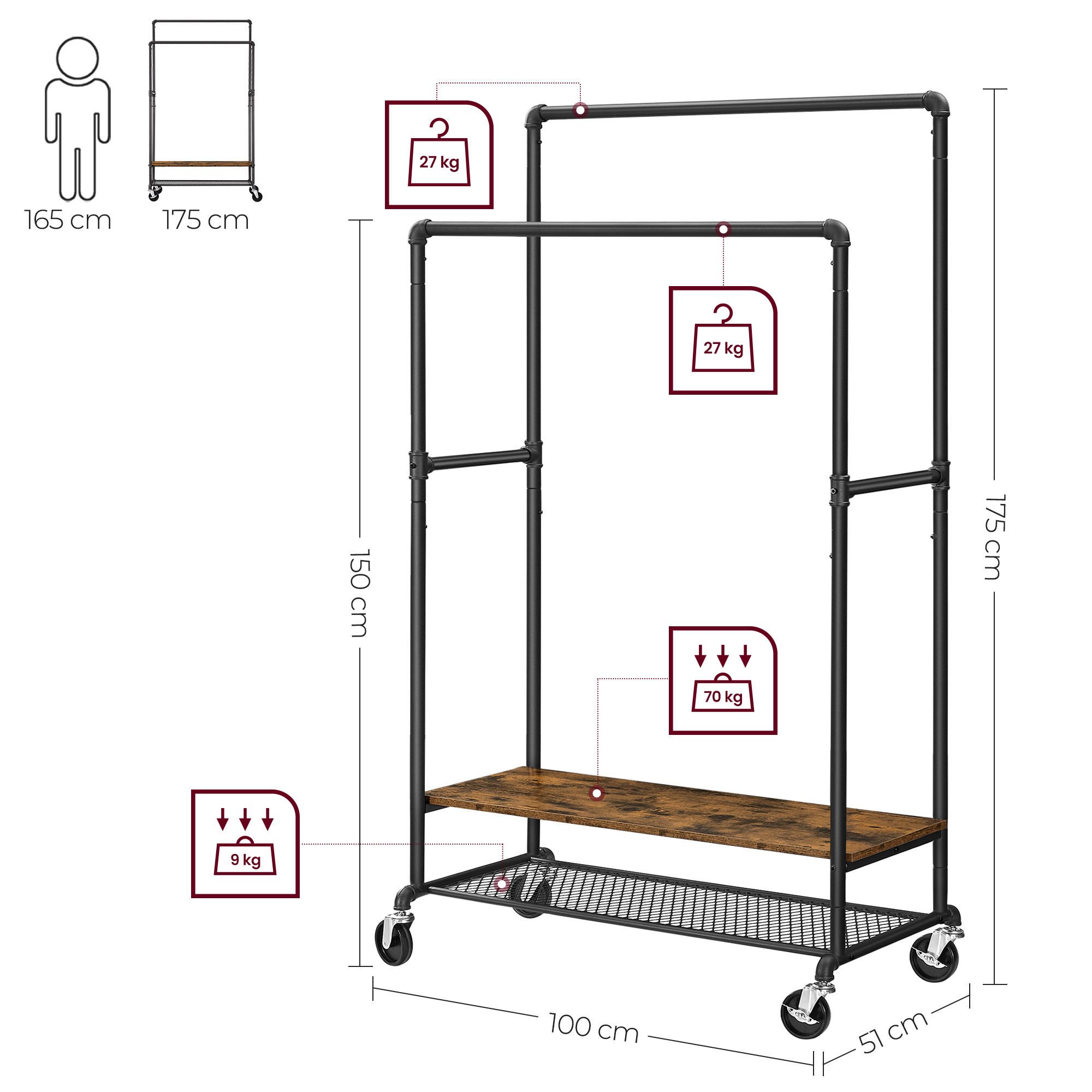 VASAGLE Double Rail Garment Rack on Wheels Industrial Pipe Design Heavy-Duty Clothing Rack with Shelves  Clothes drying racks