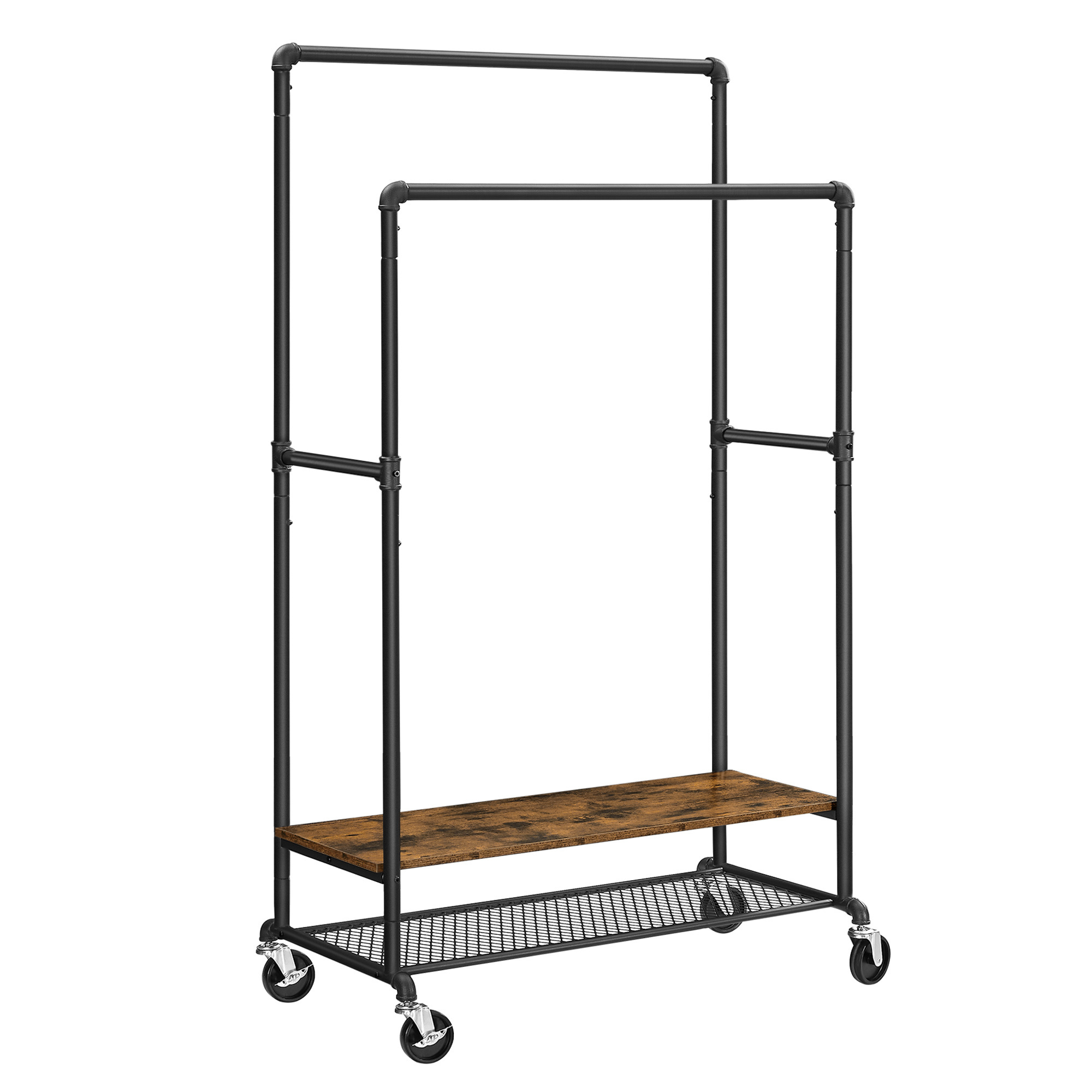 VASAGLE Double Rail Garment Rack on Wheels Industrial Pipe Design Heavy-Duty Clothing Rack with Shelves  Clothes drying racks