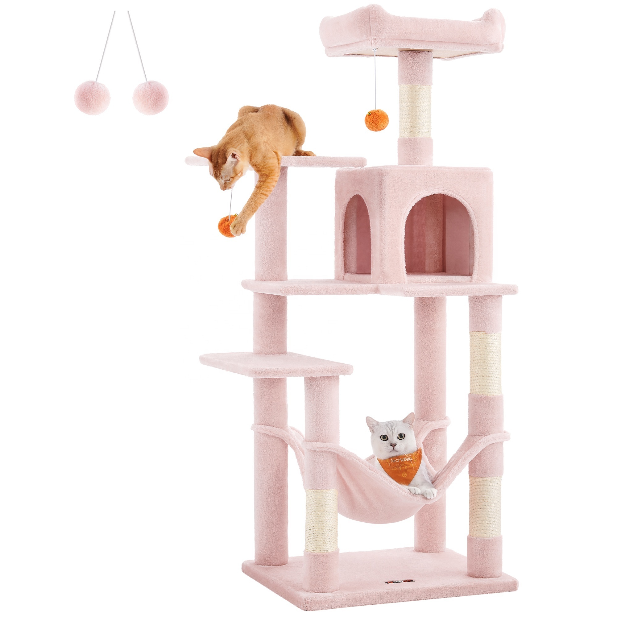 Feandrea pink Large Multi-level Cat Trees & Scratcher with Hammock Luxury Wood Pet Cat Tree Tower