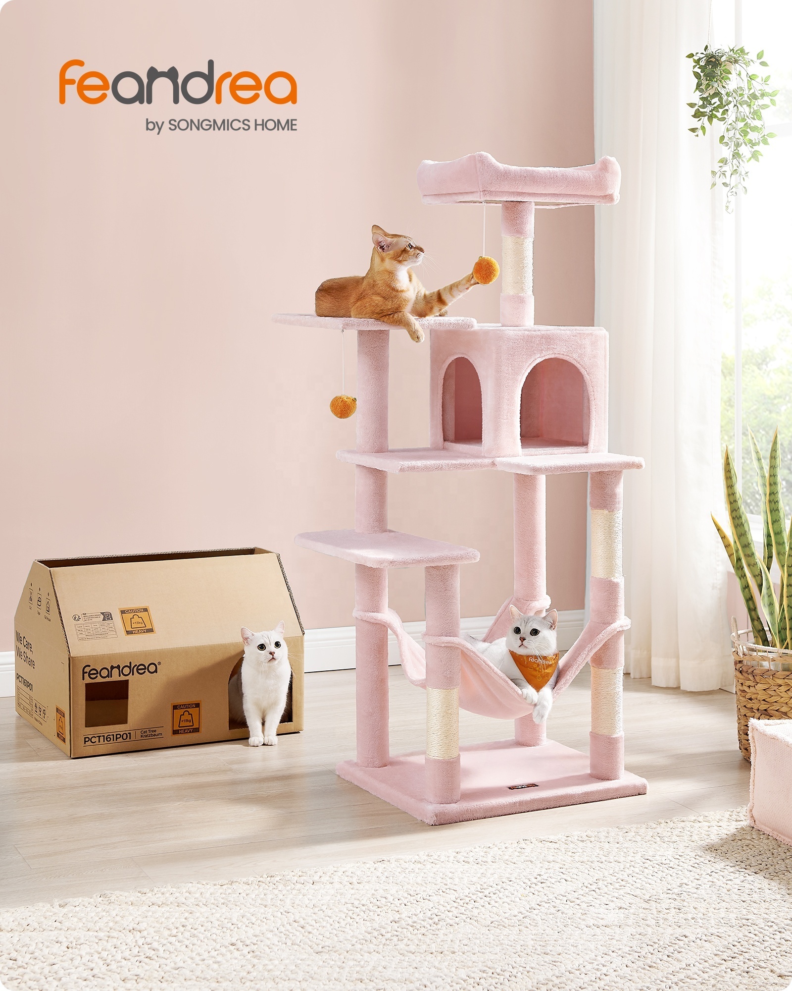 Feandrea pink Large Multi-level Cat Trees & Scratcher with Hammock Luxury Wood Pet Cat Tree Tower